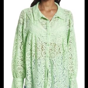 Free People Top Melona Green Out West Lace Button Up Blouse Size XS NWT Oversize